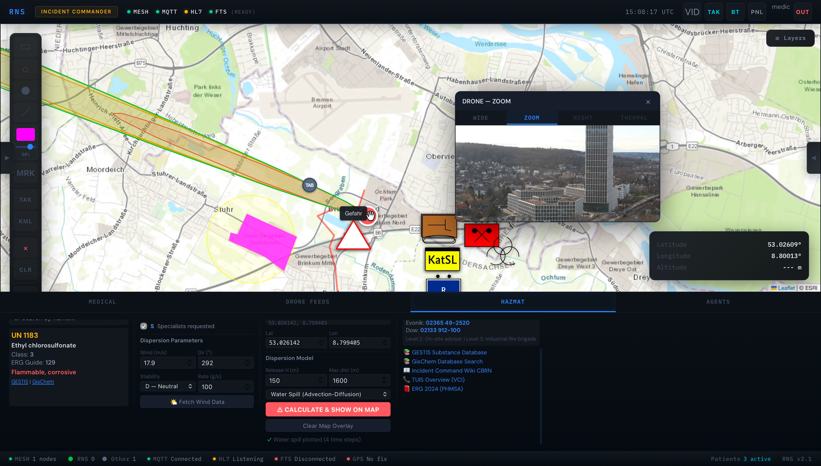 RNS HAZMAT Domain: UN substance identification, Gaussian dispersion plume overlay on tactical map, ERG classification, GESTIS/GisChem database integration