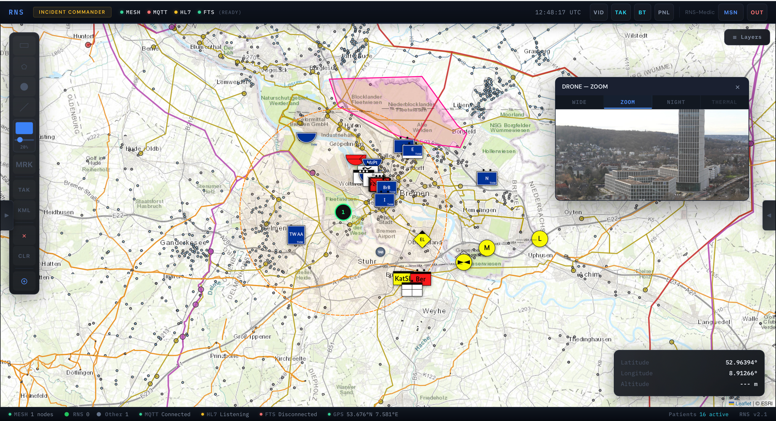 RNS Incident Commander: tactical map with NATO symbology, drone feed, patient monitoring, HAZMAT and agent tracking